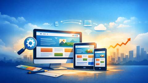 Headerbild zum Thema Was ist Responsive Webdesign mit Darstellung einer responsiven Website auf Desktop, Tablet und Smartphone