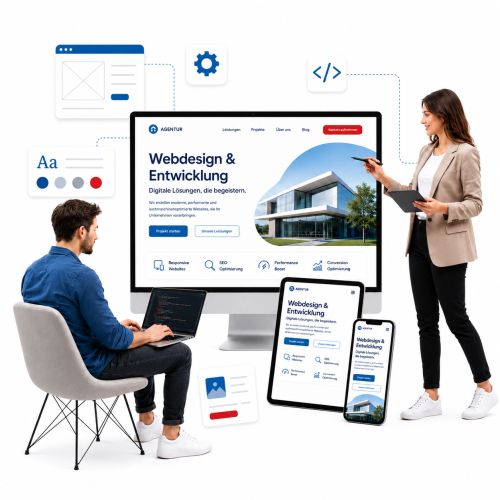 Darstellung einer Webdesign Agentur mit zwei Personen, die responsive Website-Layouts auf Monitor, Laptop, Tablet und Smartphone planen.