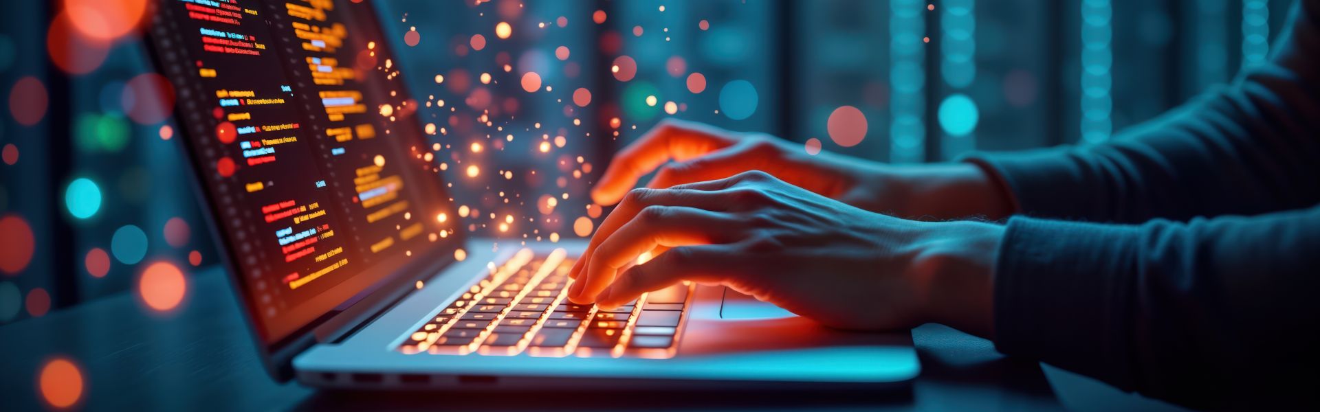 Quellcode einer Webseitenerstellung ist auf dem Bildschirm eines Laptops mit dunklem Hintergrund zu sehen
