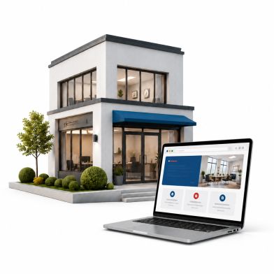Modernes Unternehmensgebäude mit Laptop und dargestellter Website auf weißem Hintergrund