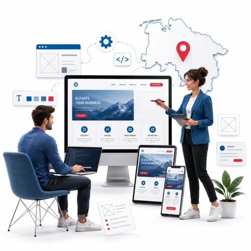 Realistische Darstellung einer Webdesign Agentur aus Niedersachsen mit zwei Personen, die responsive Website-Layouts auf Monitor, Laptop, Tablet und Smartphone planen.