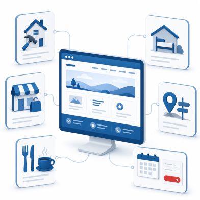 Stilisierte Website mit verbundenen Branchen-Kacheln für Handwerk, Einzelhandel, Gastronomie, Unterkunft, regionale Angebote und Buchung