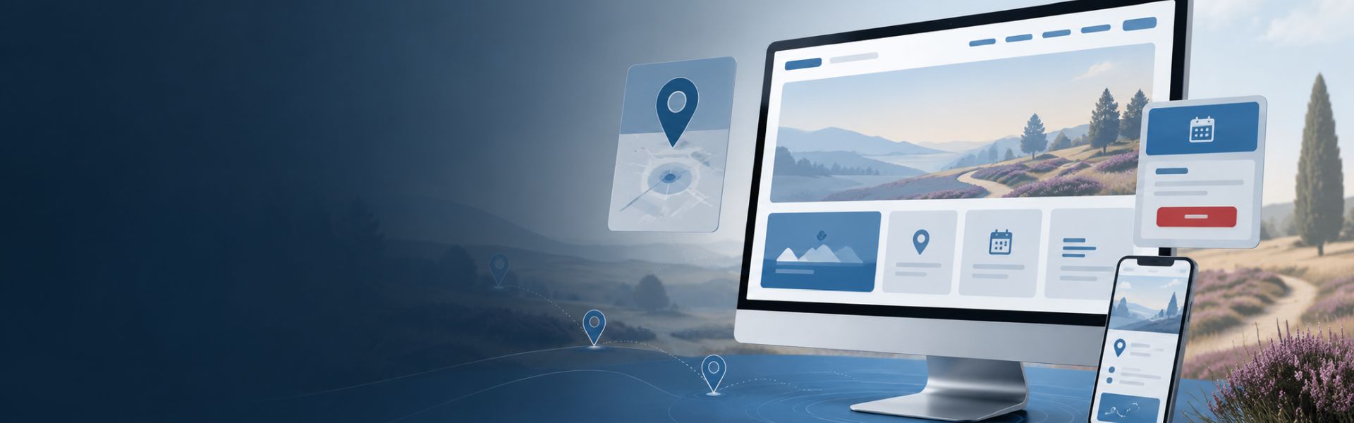 Breites Hero-Bild mit Website-Mockup, Smartphone und regionalen Markierungen vor einer Heide-Landschaft für Webdesign in Soltau
