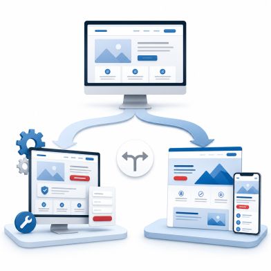 Bestehende Website optimieren oder neu erstellen Stilisierte Website mit zwei Entscheidungswegen: bestehende Website optimieren oder als modernen Relaunch neu erstellen