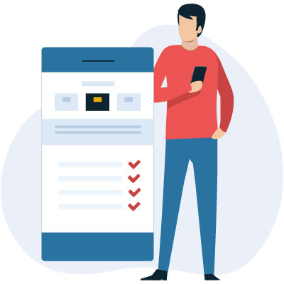 Wichtige Aufgaben und Checkliste im Online-Marketing dargestellt mit Smartphone und Person für digitale Strategien