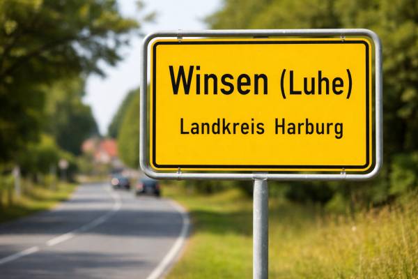 Ortsschild Winsen (Luhe) – Landkreis Harburg am Straßenrand, Hintergrund leicht verschwommen